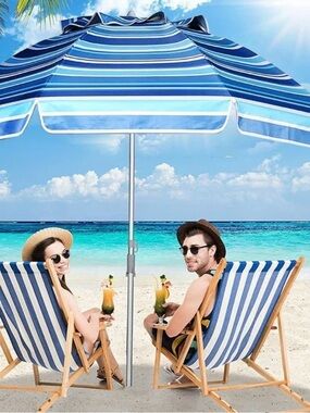 Blue Striped Beach Umbrella - Sun Protection